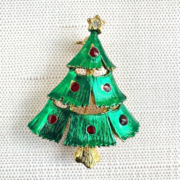 Vintage Christmas Tree Brooch Green & Red Enamel W/ Clear Rhinestone Star Topper - Picture 5 of 11